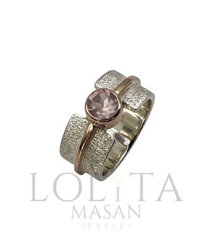 Silver and 14K gold ring with a pink quartz